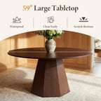 CIMOTA 59'' Round Dining Table for 4-6, Modern Pedestal Kitchen Table Circle Wood Walnut Grain Finish Grain Tabletop Dinner Table Kitchen Table, Walnut Wood