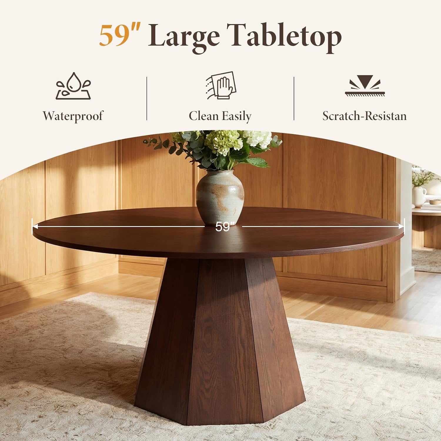 CIMOTA 59'' Round Dining Table for 4-6, Modern Pedestal Kitchen Table Circle Wood Walnut Grain Finish Grain Tabletop Dinner Table Kitchen Table, Walnut Wood