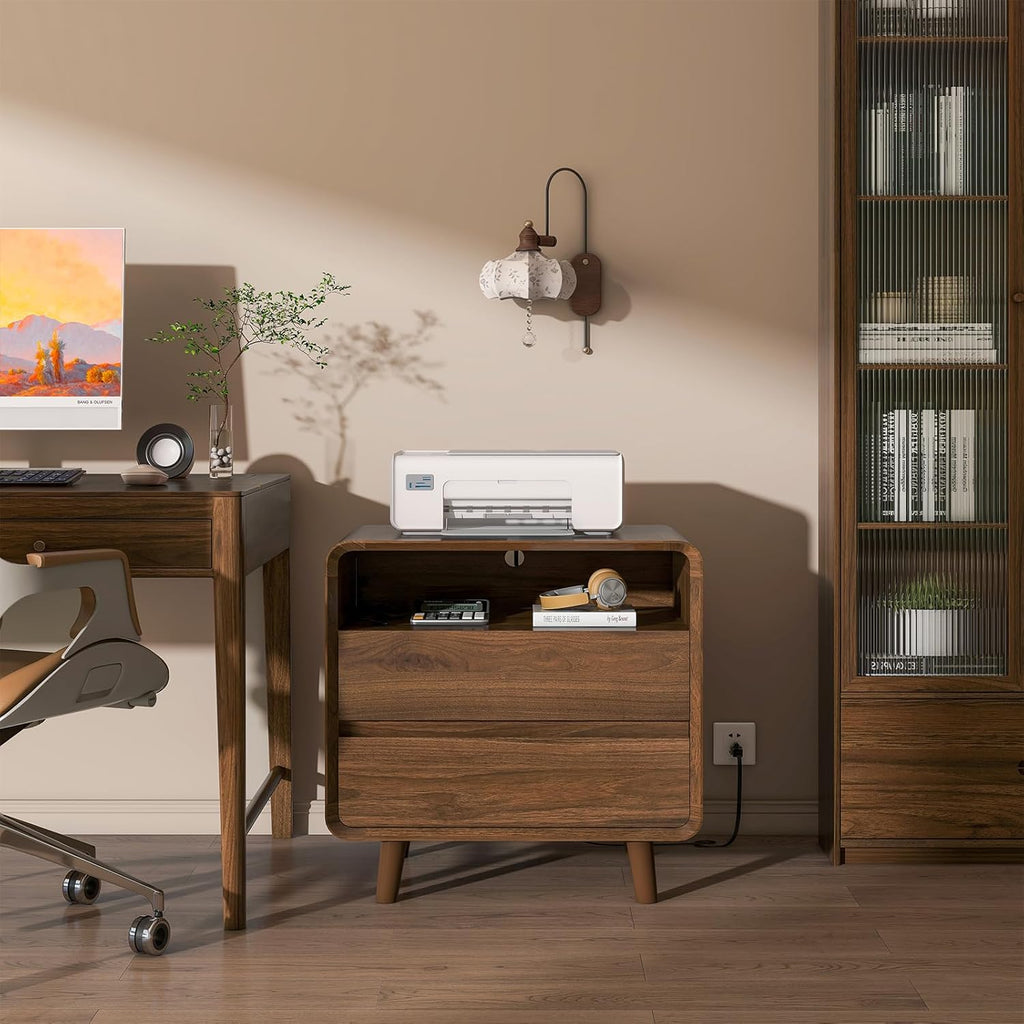 Nasonet Mid Century Modern Nightstand with Charging Station, Wood Bedroom End Tables Set of 2 Nightstands with Drawers, Bedside Table for Living Room, Curved Profile Design, Walnut