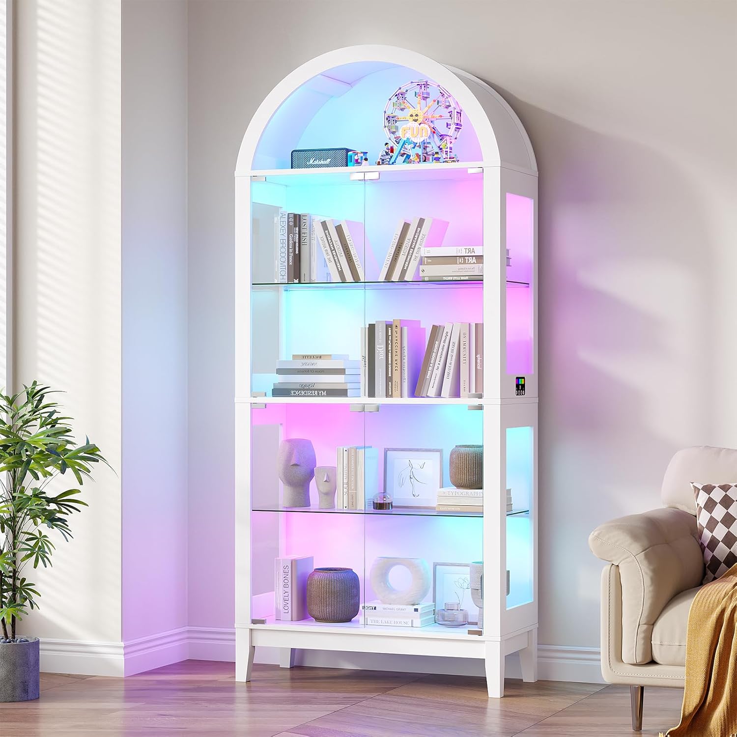 HNEBC Arched Display Case with RGB Lights, 69" Tall 5-Tier Tempered Glass Display Cabinet with Doors, LED Curio Cabinet with Shelf, Bookcase with Music-Synced Lighting for Living Room(White)