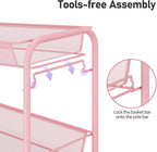 TOOLF 3 Tier Rolling Cart Pink - Metal Storage Organizer with Wheels, 33 lbs Shelf Capacity, Easy 5-Min Assembly, for Girls Room Bathroom Kitchen Office Nursery, Compact Design for Small Spaces, Pink