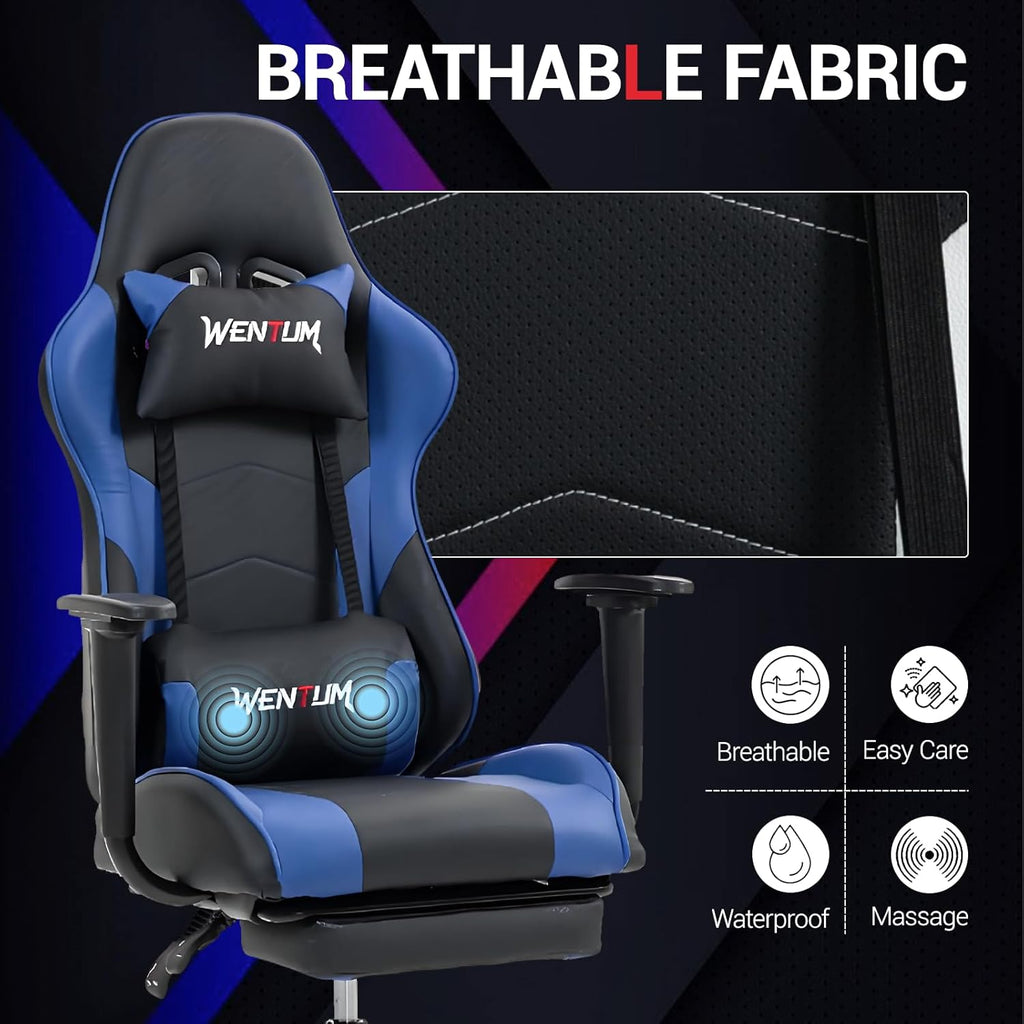 Gaming Chair with Footrest, Ergonomic PC Desk Chair with Headrest and Massage Lumbar Support, Video Game Chair with Height Adjustable High Back for Home Office, PU Leather, Blue