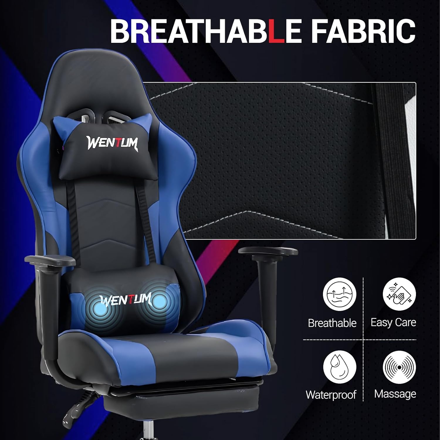 Gaming Chair with Footrest, Ergonomic PC Desk Chair with Headrest and Massage Lumbar Support, Video Game Chair with Height Adjustable High Back for Home Office, PU Leather, Blue