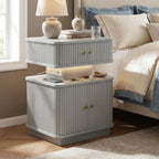 Nightstands Set of 2 with Charging Station, Modern Night Stands Set 2 with Smart Led Light and Small Sliding Door Cabinets, Curvy Edge, Bedside Table for Bedroom, Grey