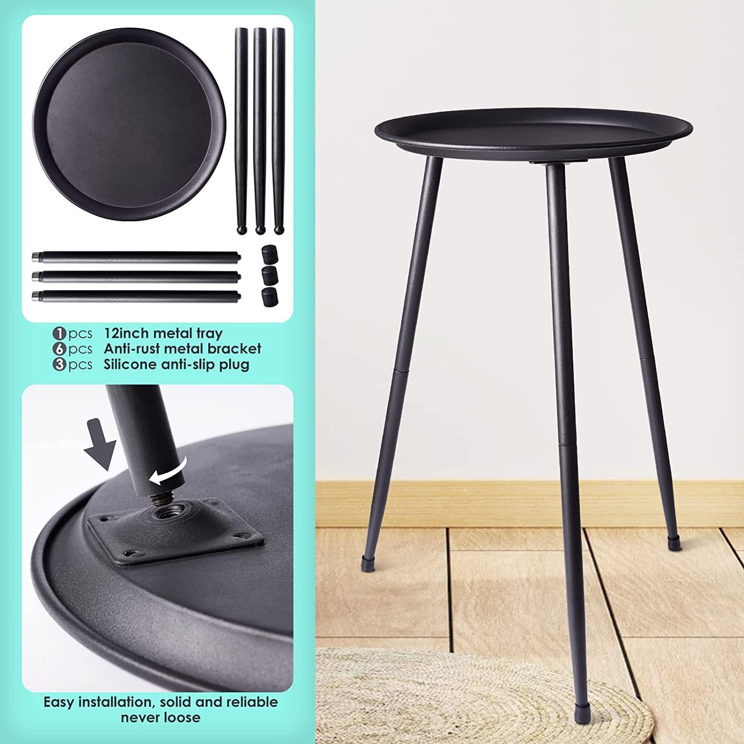Black Small Round Table for the Living Room，Lndoor Plant Suppor，All Matte Black with 3 Legged，for Any Room