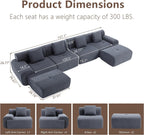 L-Shaped Boneless Modular Sectional Sofa, Boneless Sectional Couch, Oversized 3-Seater Cloud Couch with Deep Seat and Movable Ottoman for Living Room, Apartment (Gray, 3 Seater with 2 Ottoman)