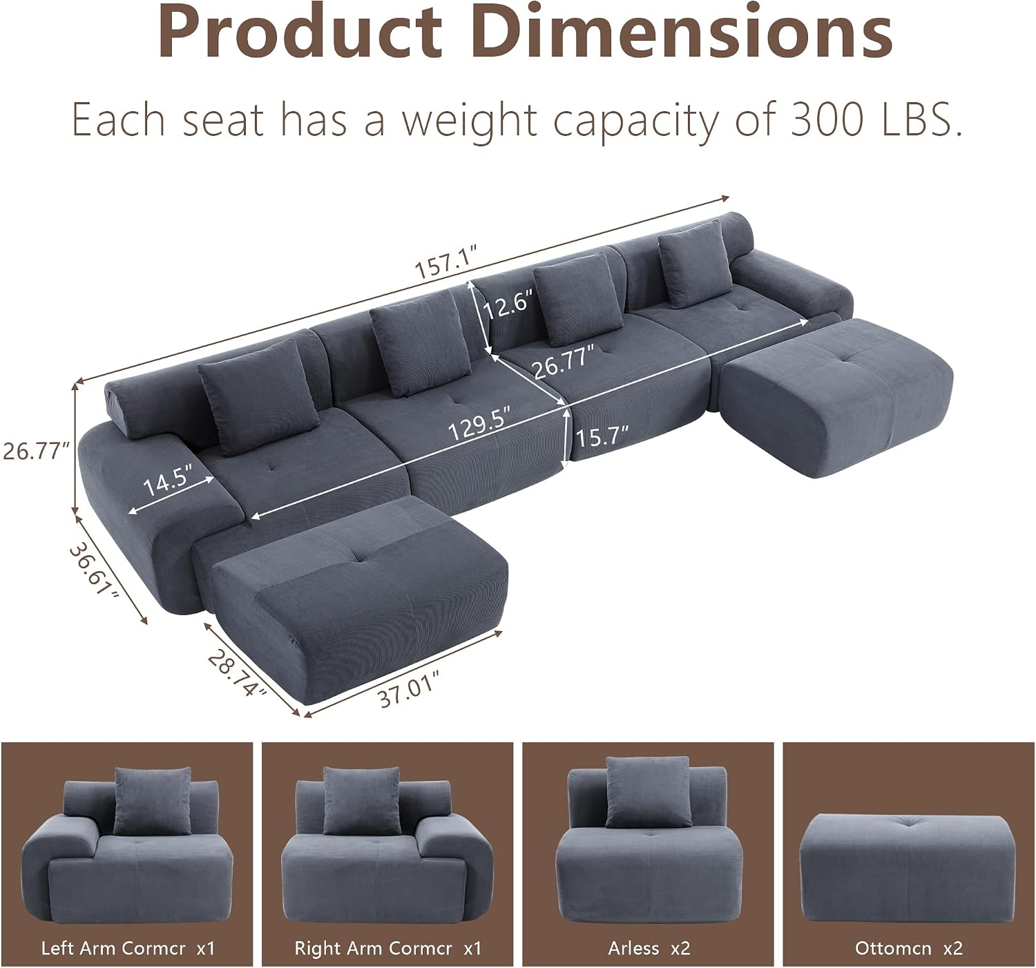 L-Shaped Boneless Modular Sectional Sofa, Boneless Sectional Couch, Oversized 3-Seater Cloud Couch with Deep Seat and Movable Ottoman for Living Room, Apartment (Gray, 3 Seater with 2 Ottoman)