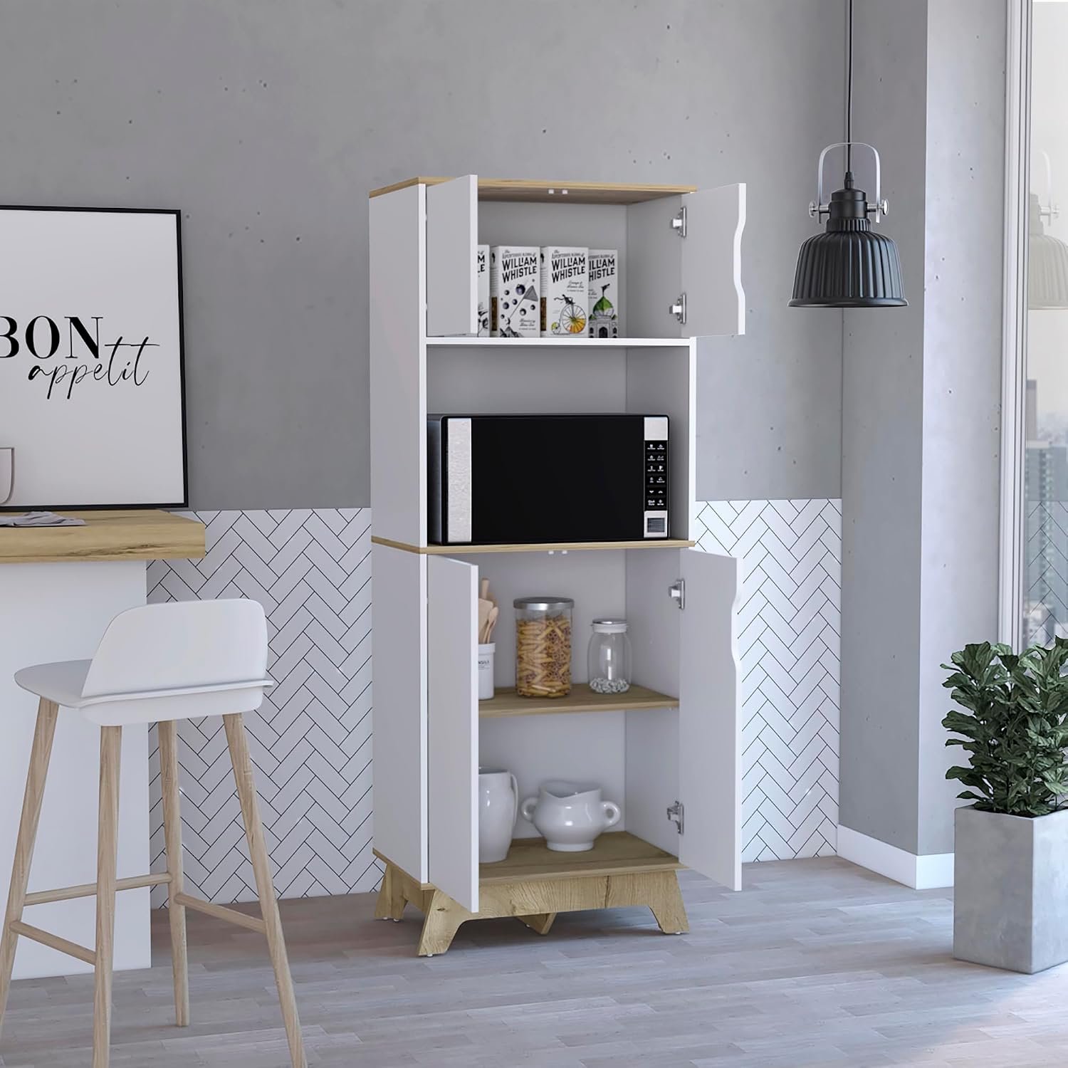Microwave Tall Cabinet Wallas, Kitchen, Light Oak/White
