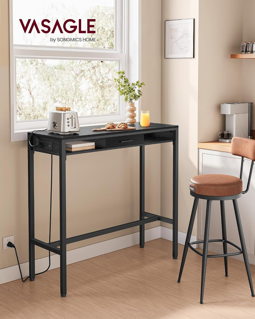 VASAGLE Bar Table with Power Outlets, 39.4 Inches Long Bar Height Pub Table, Rectangular High Top, with Movable Drawer, 2 Hooks, Narrow Storage for Kitchen, Dining, Entryway, Ebony Black