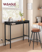 VASAGLE Bar Table with Power Outlets, 39.4 Inches Long Bar Height Pub Table, Rectangular High Top, with Movable Drawer, 2 Hooks, Narrow Storage for Kitchen, Dining, Entryway, Ebony Black