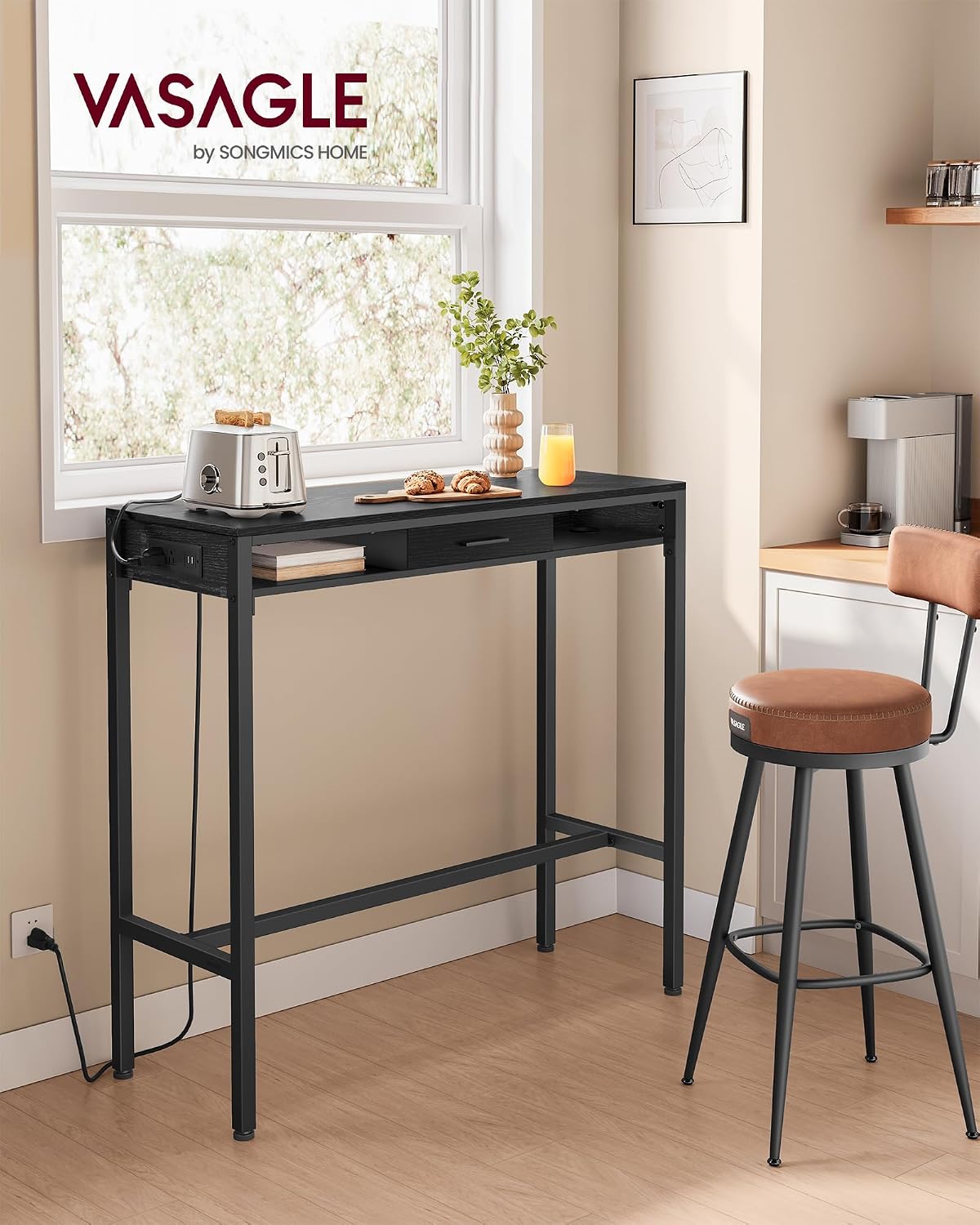 VASAGLE Bar Table with Power Outlets, 39.4 Inches Long Bar Height Pub Table, Rectangular High Top, with Movable Drawer, 2 Hooks, Narrow Storage for Kitchen, Dining, Entryway, Ebony Black