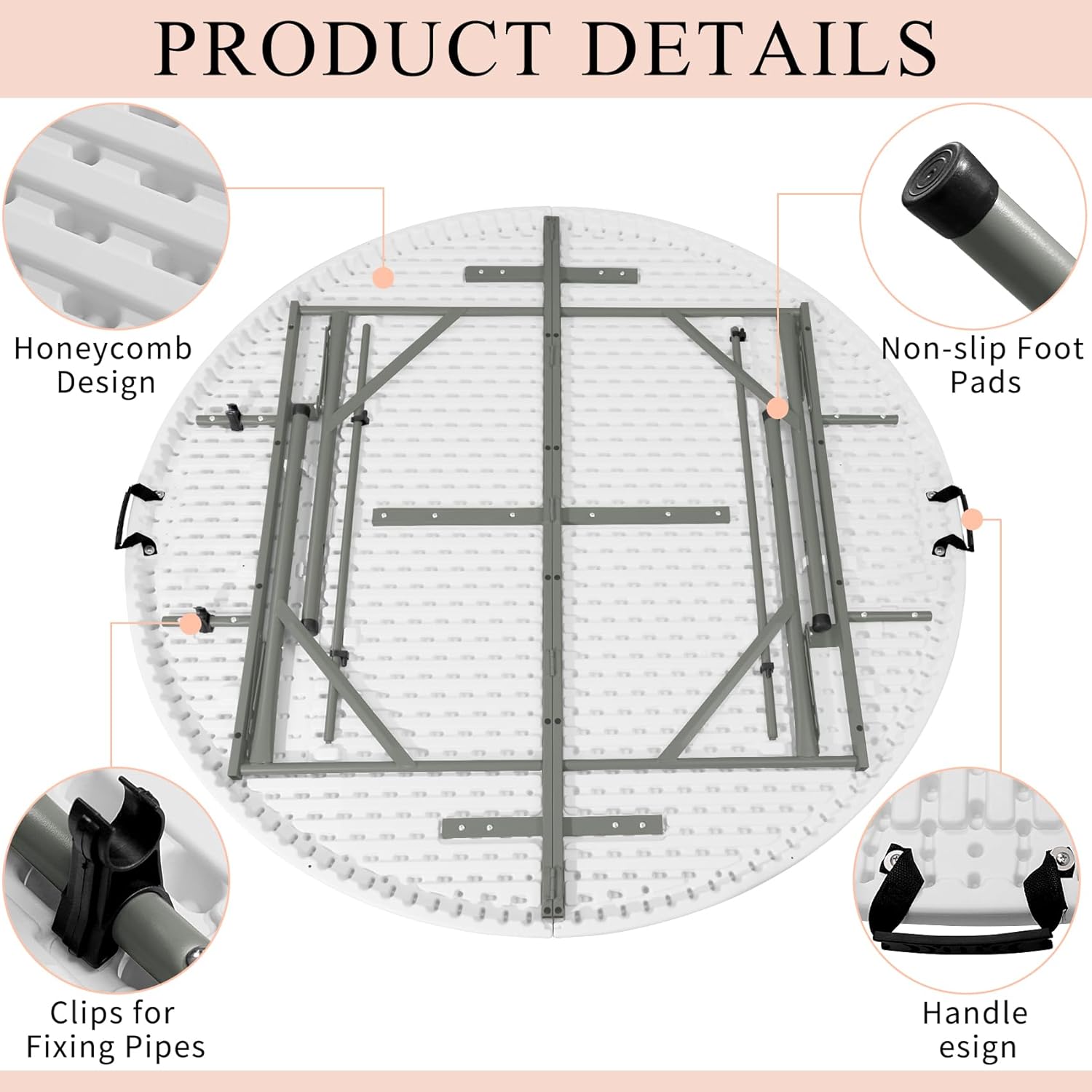 4 FT Round Folding Tables with Carrying Handle Lightweight Portable Plastic Commercial Table Steel Legs for Party, Dining, Wedding, Events, Picnic Indoor, Outdoor (White,1 Pack)