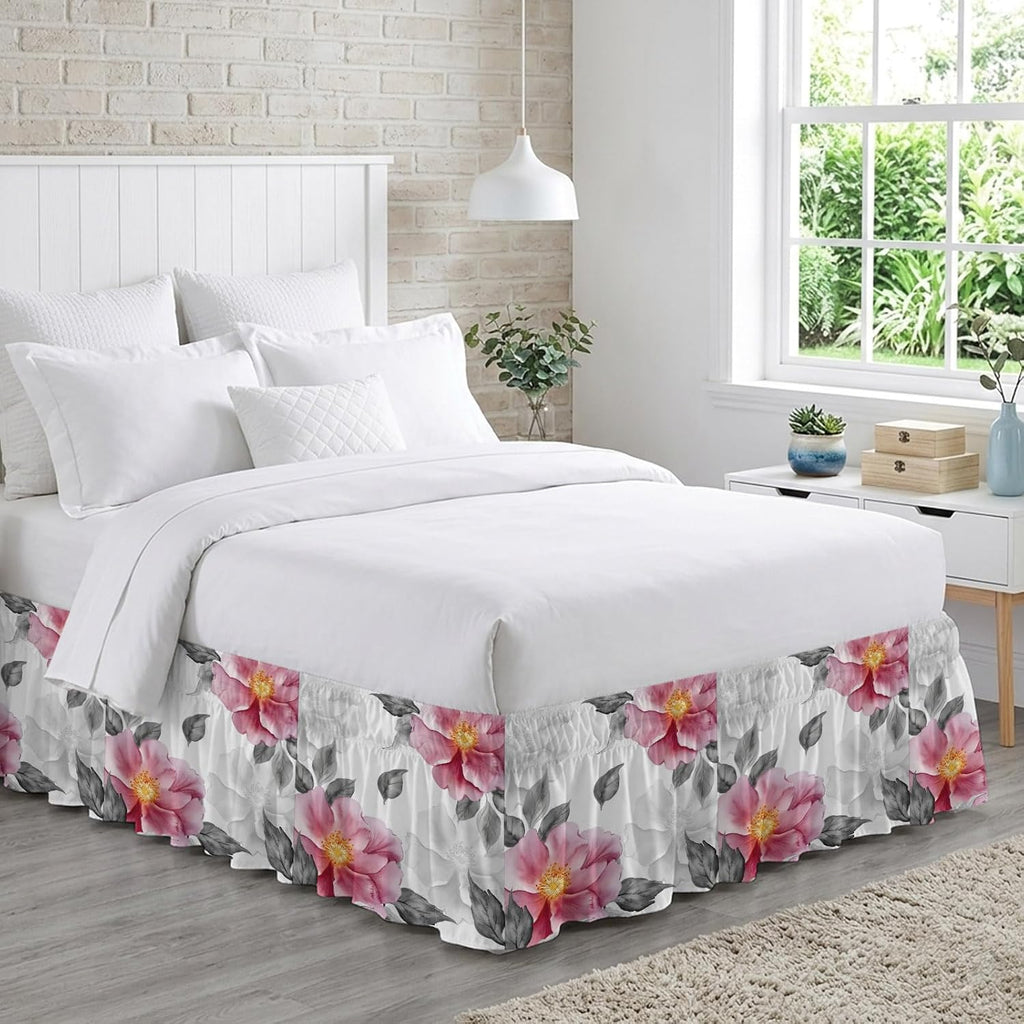 Pink Grey Floral Bed Skirt Cal King Size 16 Inch Drop, Adjustable & Elastic Wrap Around Bed Skirts Pleated Dust Ruffles for Twin Full Queen Cal King Base Bed, Botanical Leaves Spring Chic Flower