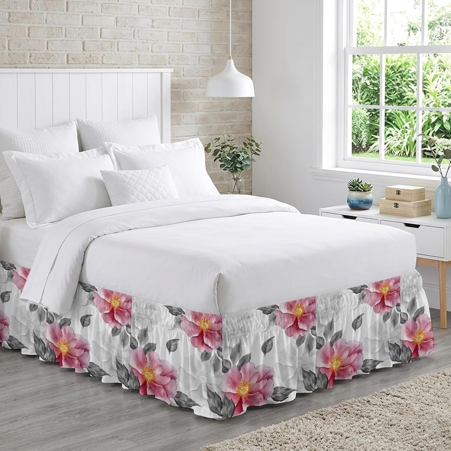 Pink Grey Floral Bed Skirt Cal King Size 16 Inch Drop, Adjustable & Elastic Wrap Around Bed Skirts Pleated Dust Ruffles for Twin Full Queen Cal King Base Bed, Botanical Leaves Spring Chic Flower