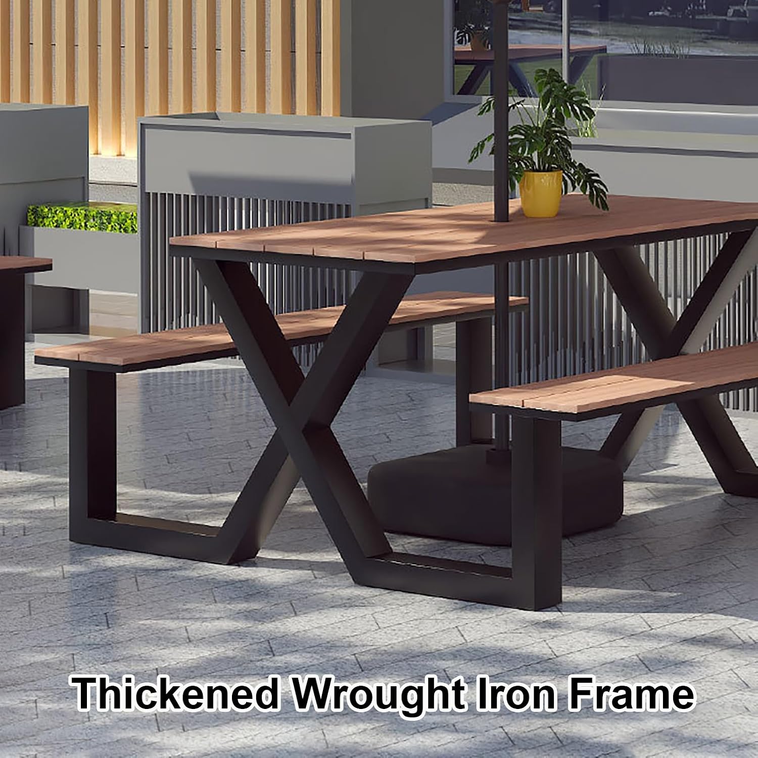 Outdoor Bench Table, Rectangular Porch Bench with Black Frame, Picnic Table Benchs Set for Garden, Lawn, Yard(White)