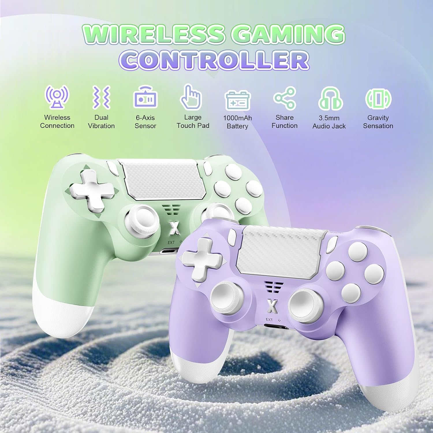 Puiseno Wireless Controller for PS-4, Dual Vibration Game Joystick/Motion Sensing/Touchpad/Speaker/3.5mm Audio Jack Headphone, Upgraded Six-Axis Sensor, Compatible with PS4/Slim/Pro Console/PC (green+purple)