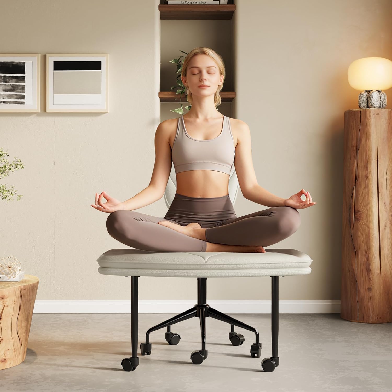 Ergonomic Cross Legged Chair, 360°Swivel Criss Cross Chair with Wheels, Double-Layer Upholstered Desk Chair, 31.3" Large Office Chair for Meditation and ADHD. White
