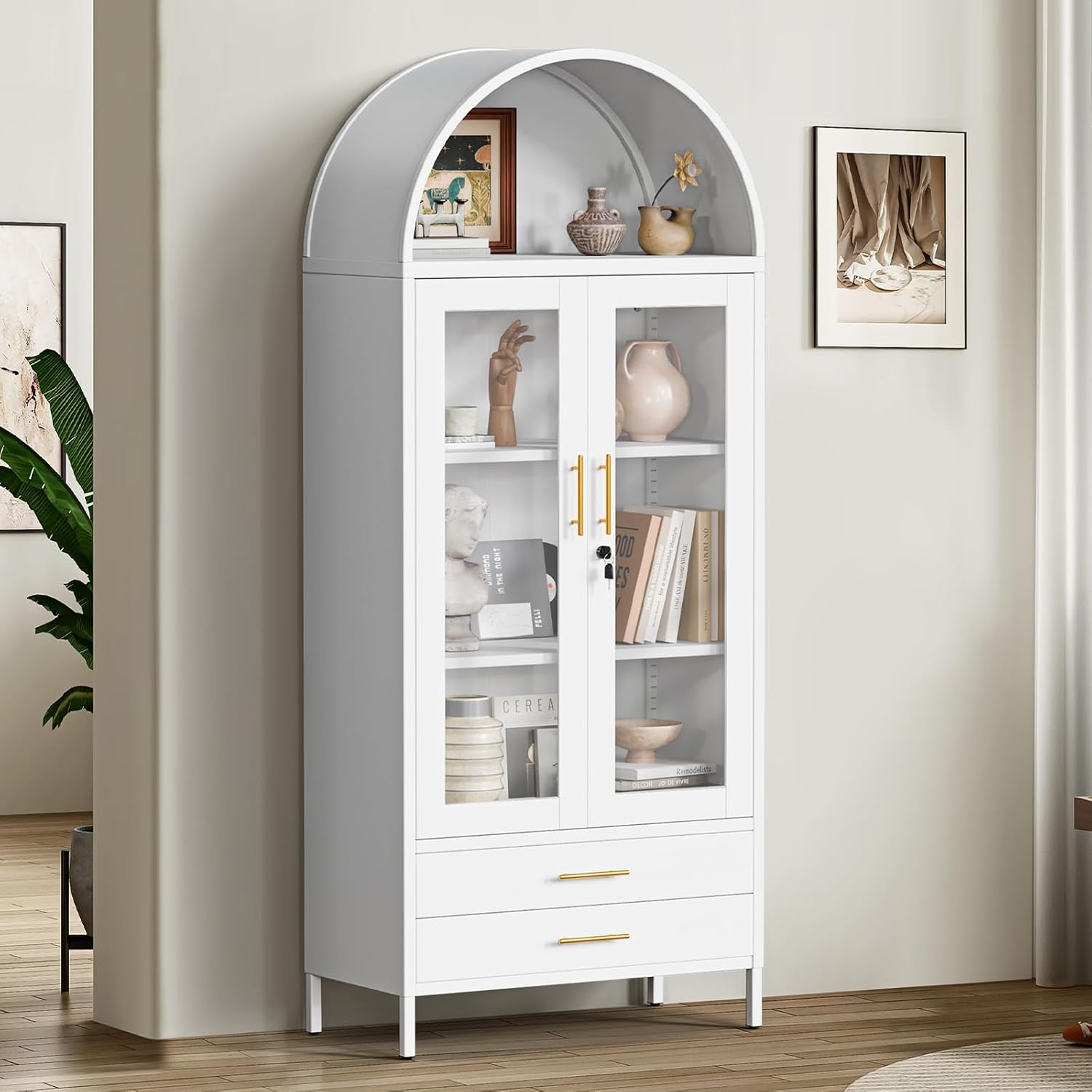 Holiwei Metal Storage Cabinet, 73" Arched Kitchen Pantry Organizer with 2 Drawers & 2 Adjustable Shelves, Freestanding Display Cabinet for Living Room
