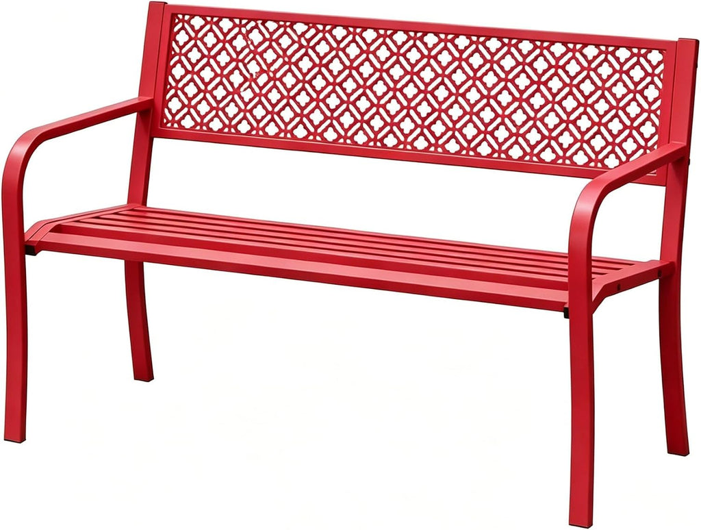 Heavy Duty Red Metal Patio Garden Bench for 2 – 50" Wide, 790 lbs Capacity – Weather Resistant – Geometric Backrest & Slatted Seat – Porch, Yard, Deck, Entryway – Red