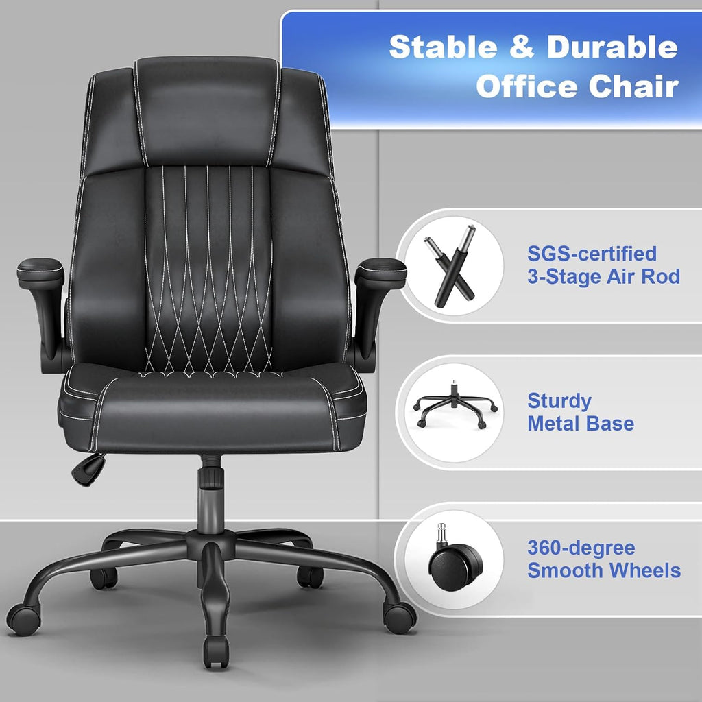 Executive Office Chair with Lumbar Support, High-Back Leather Ergonomic Computer Desk Chair with Flip-Up Arms, Height Adjustable and 360° Swivel, Rocking Function, for Home and Office, Black