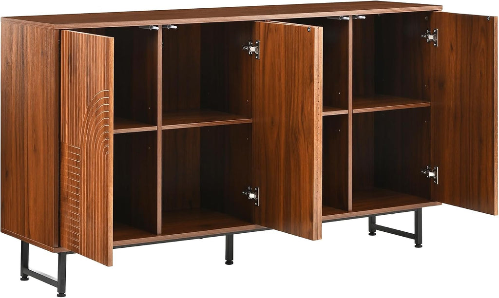 Mid-Century Modern Walnut Sideboard Buffet Cabinet, 59*16*33 inches Geometric Carved Storage Cabinet with Metal Legs, Coffee Bar Entryway Console Table Storage for Dinning Room, Living Room