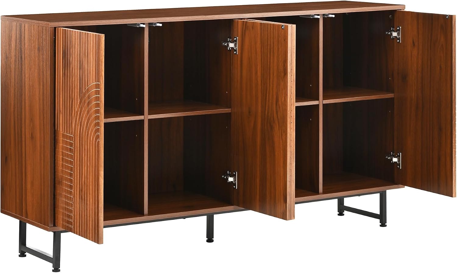 Mid-Century Modern Walnut Sideboard Buffet Cabinet, 59*16*33 inches Geometric Carved Storage Cabinet with Metal Legs, Coffee Bar Entryway Console Table Storage for Dinning Room, Living Room