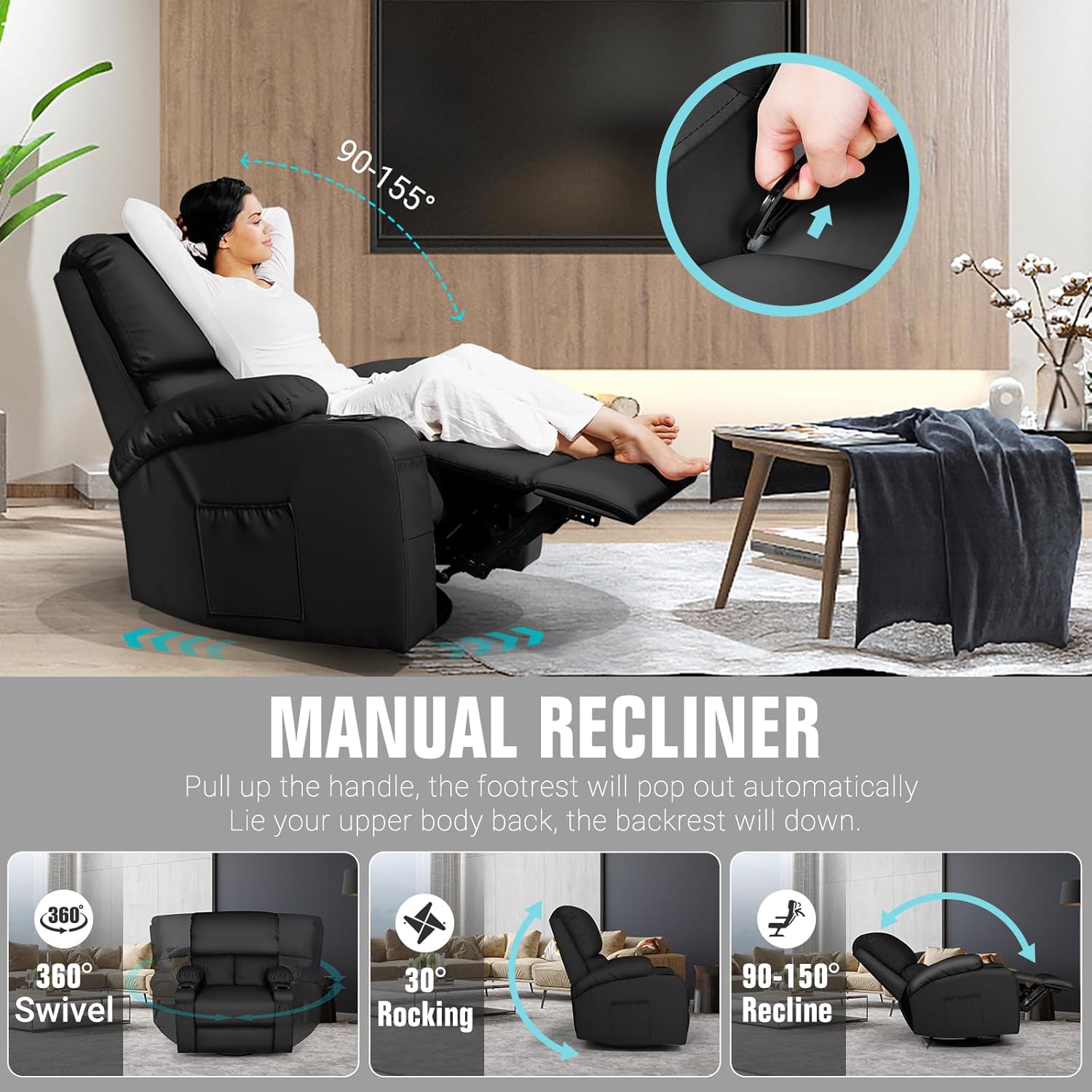 LAFWELL 360 Swivel Rocking Recliner Chair with Vibration Massage and Heat for Living Room, Bedroom, Nursery, RV, Faux Leather, Black