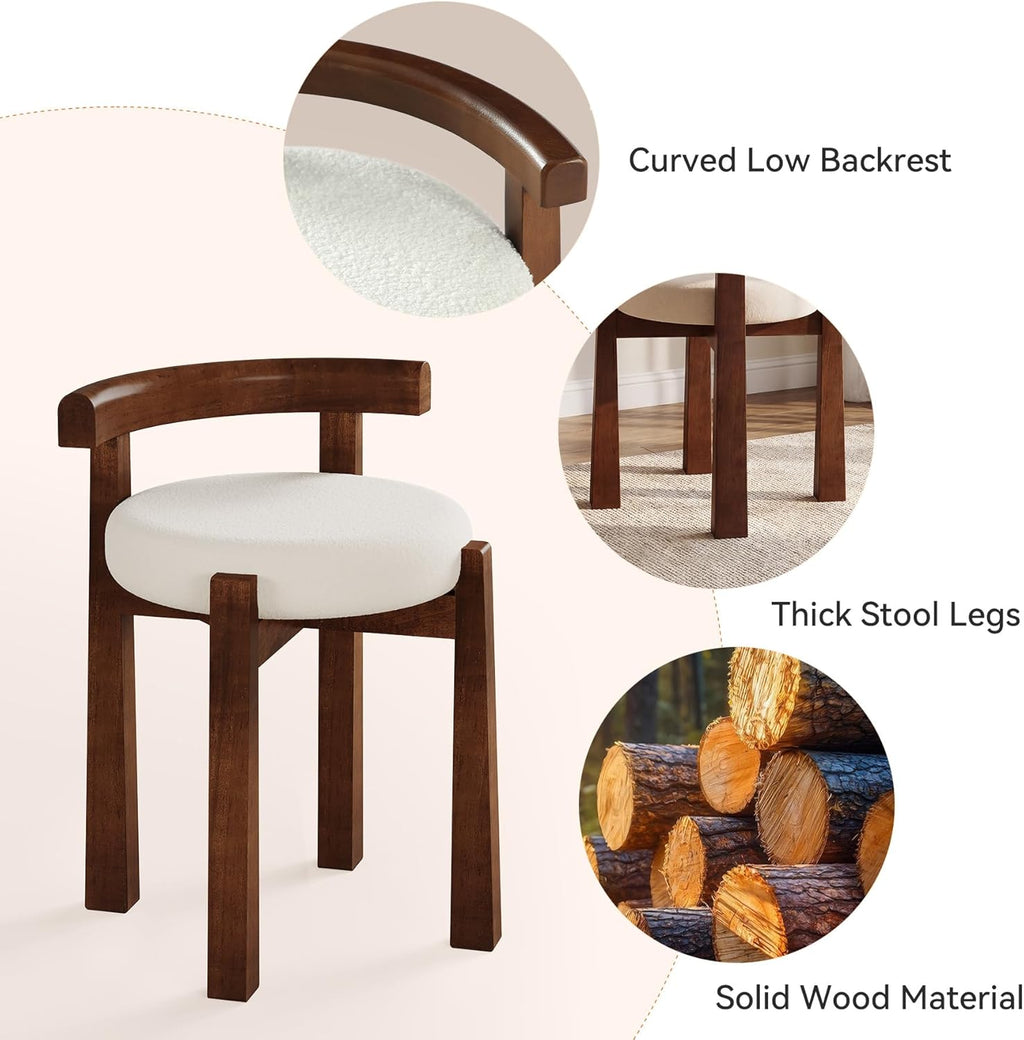 Wood Vanity Stool with Faux Wool Cushion, Upholstered Makeup Chair with Solid Wood Frame, Round Vanity Ottoman Seat for Makeup, Bedroom, Living Room, 20-Minute Assembly (Only Stool)