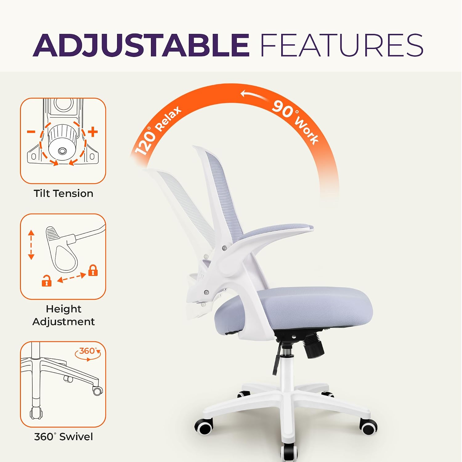 NEO CHAIR Office Desk Gaming Ergonomic Computer Chair with Lumbar Back Support Adjustable Height Swivel Rolling Wheels Flip-up Arms Mesh Chair for Home Vanity (Purple)