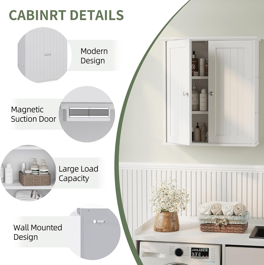 Walsunny Bathroom Medicine Cabinet Wall Mount with 2 Doors and 2 Shelves, Small Bathroom Cabinet Wooden Storage Cabinet Over Toilet Restroom Laundry Room Kitchen, White