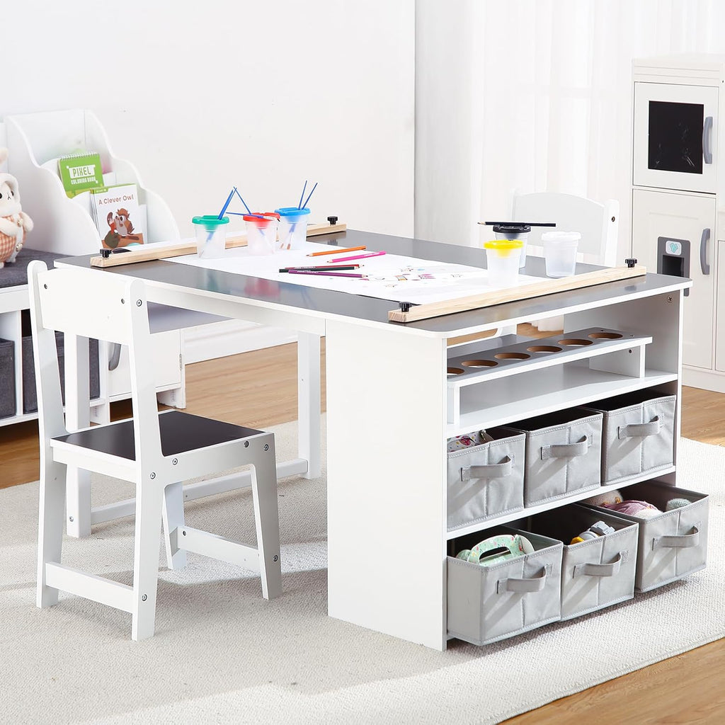 4-in-1 Kids Art Table and 2 Chairs Set, Wooden Activity Desk with Storage Bins, Art Easel, Drawing & Study Table for Toddlers, Multi-Functional Children’s Furniture for Home, Playroom, Black