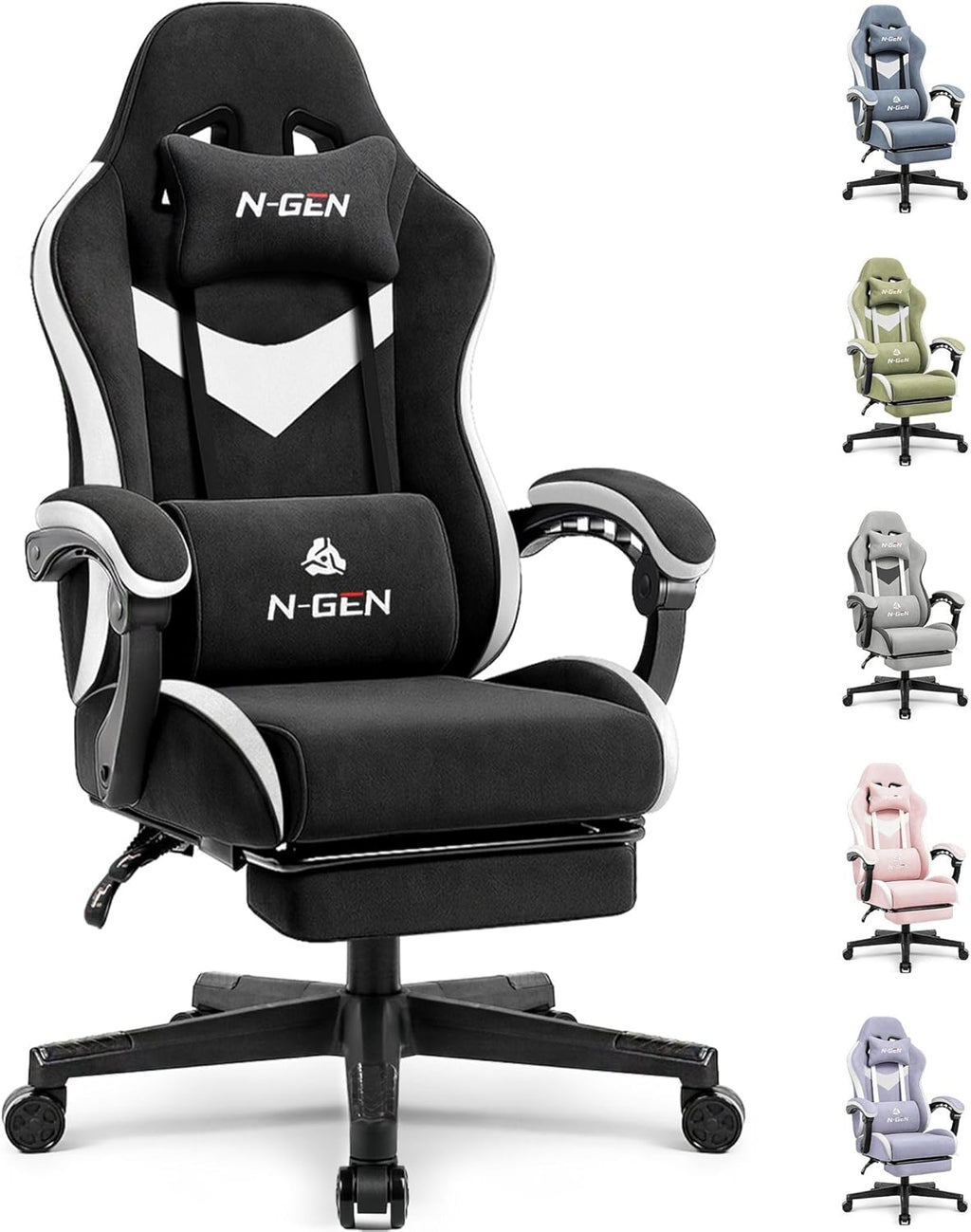 N-GEN GAMING Gaming Chair Video Game Computer Office Desk Use Ergonomic Reclining Backrest Adjustable Armrests Lumbar Support Footrest High Density Foam Breathable Fabric Heavy Duty Base (Black)