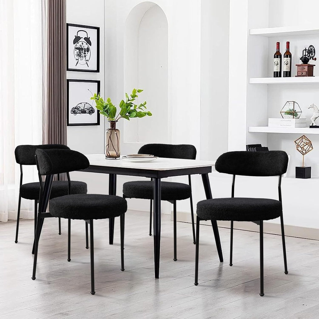 Modern Boucle Dining Chair Set of 4 with Round Lambswool Upholstered Cushion Backrest and Metal Legs for Dining Room Kitchen Restaurant Living Room(Black&Black Leg)