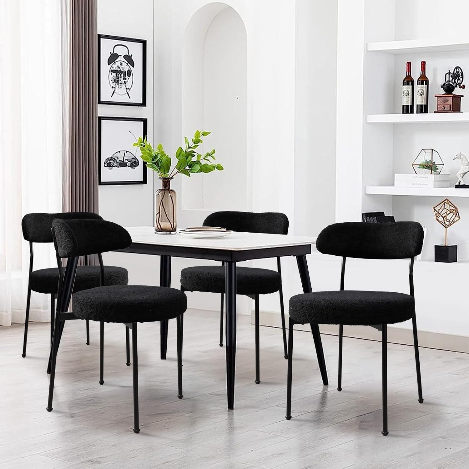 Modern Boucle Dining Chair Set of 4 with Round Lambswool Upholstered Cushion Backrest and Metal Legs for Dining Room Kitchen Restaurant Living Room(Black&Black Leg)