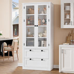 Modern Farmhouse Kitchen Pantry Cabinet with Glass Doors – 72" Tall, 2 Large Drawers, Adjustable Shelves, Versatile Storage Sideboard for Dining Room, Living Room, or Bathroom – White