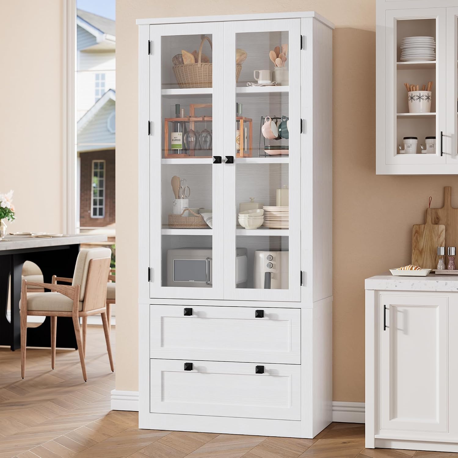 Modern Farmhouse Kitchen Pantry Cabinet with Glass Doors – 72" Tall, 2 Large Drawers, Adjustable Shelves, Versatile Storage Sideboard for Dining Room, Living Room, or Bathroom – White