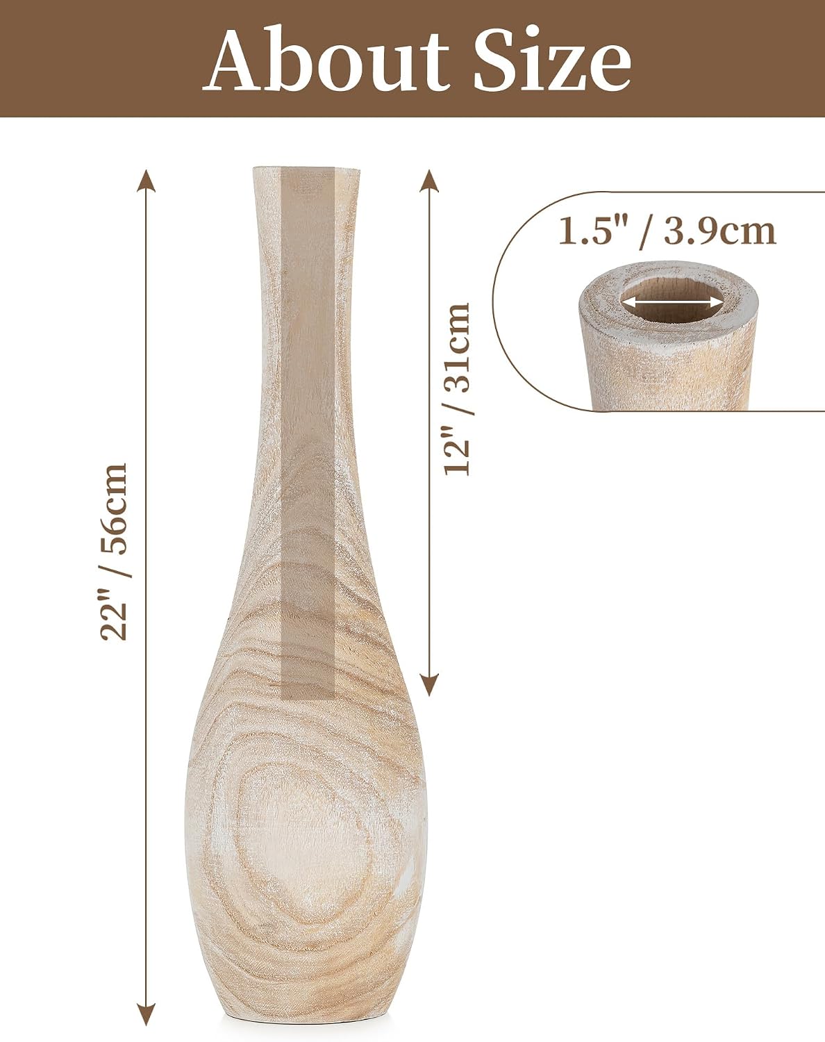 Hanobe Wood Tall Floor Vase: 22 Inch Slender Beige Boho Vase for Pampas Grass - Decorative Large Vases for Farmhouse Living Room Corner Entryway Fireplace Home Decor