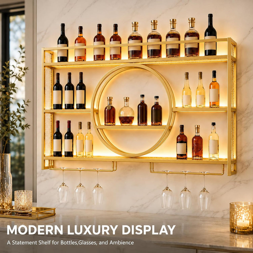Wine Rack Wall Mounted with LED Lights - 3 Tier Metal Liquor Bottle Display Shelf with Glass Holder, Modern Home Bar Decor for Kitchen and Dining Room (Gold, 39.4 Inch)