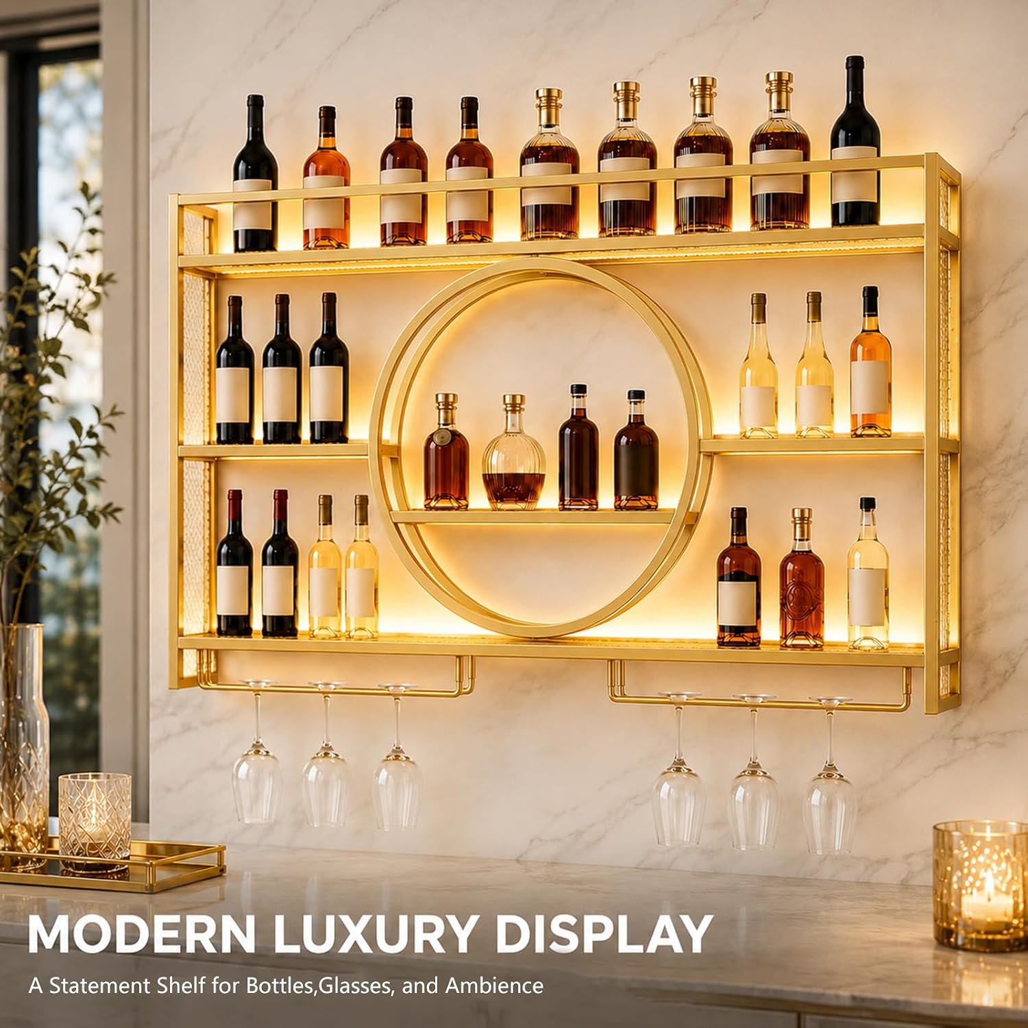 Wine Rack Wall Mounted with LED Lights - 3 Tier Metal Liquor Bottle Display Shelf with Glass Holder, Modern Home Bar Decor for Kitchen and Dining Room (Gold, 39.4 Inch)