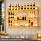 Wine Rack Wall Mounted with LED Lights - 3 Tier Metal Liquor Bottle Display Shelf with Glass Holder, Modern Home Bar Decor for Kitchen and Dining Room (Gold, 55.1 Inch)