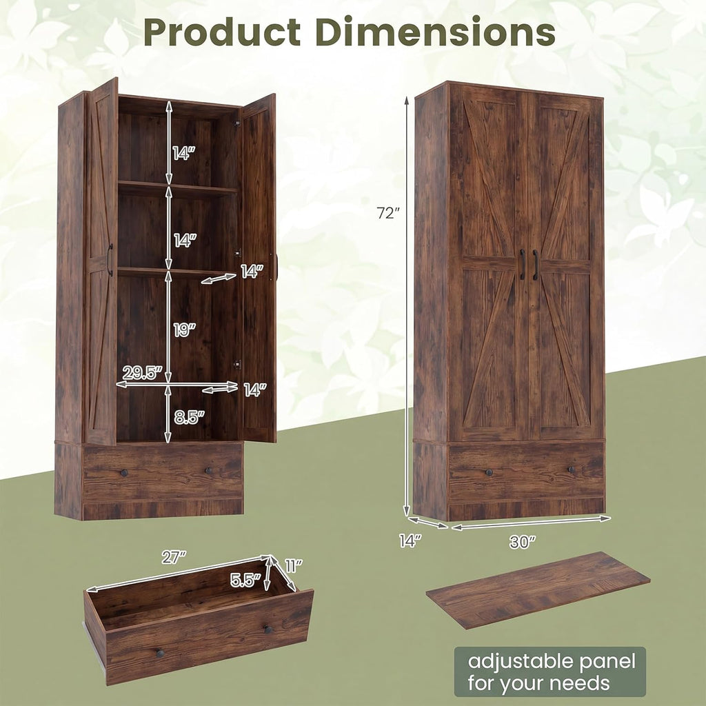 Giantex 72" Tall Kitchen Pantry Cabinet, Farmhouse Wooden Cupboard w/ 2 Doors, Drawer & Adjustable Shelves, Freestanding Versatile Storage Cabinet for Dining Room Living Room Bathroom (Rustic Brown)