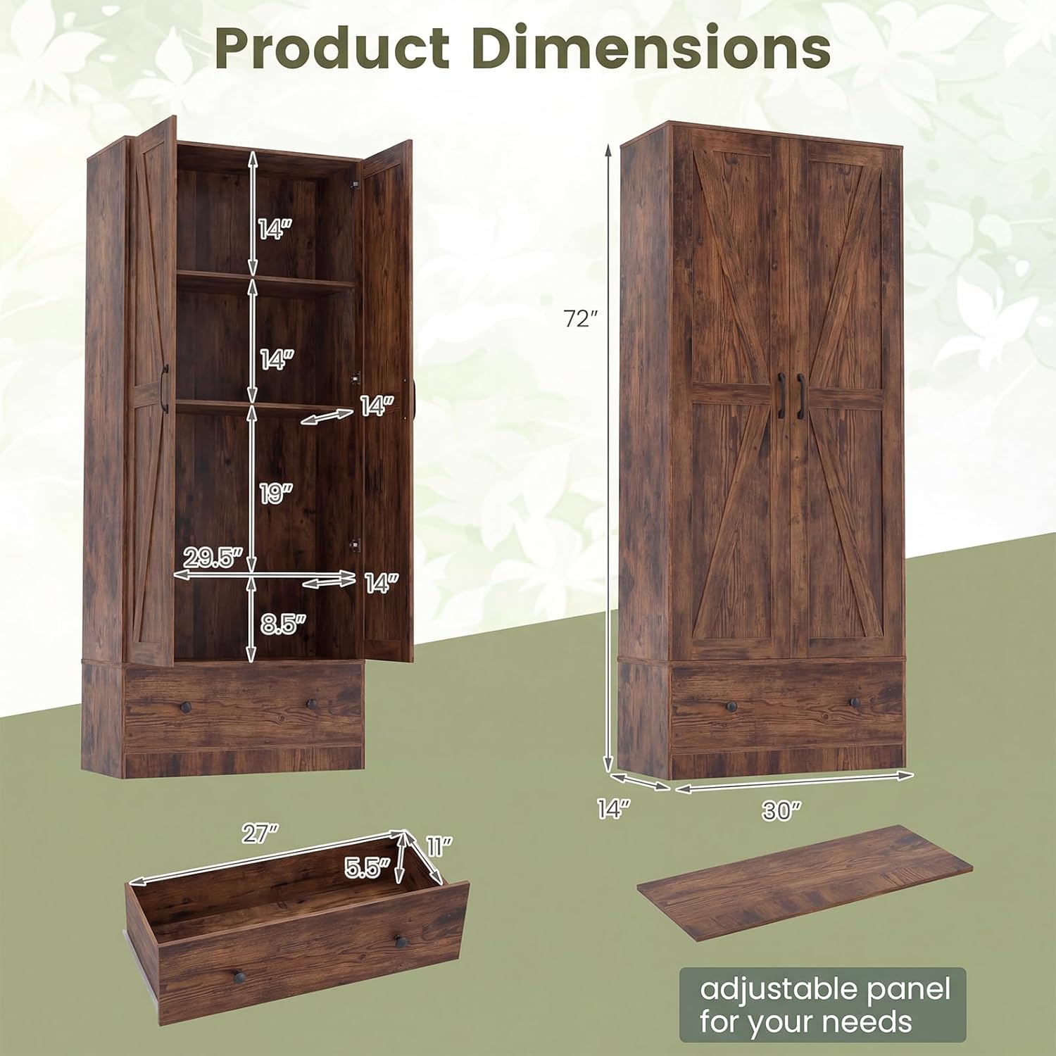 Giantex 72" Tall Kitchen Pantry Cabinet, Farmhouse Wooden Cupboard w/ 2 Doors, Drawer & Adjustable Shelves, Freestanding Versatile Storage Cabinet for Dining Room Living Room Bathroom (Rustic Brown)