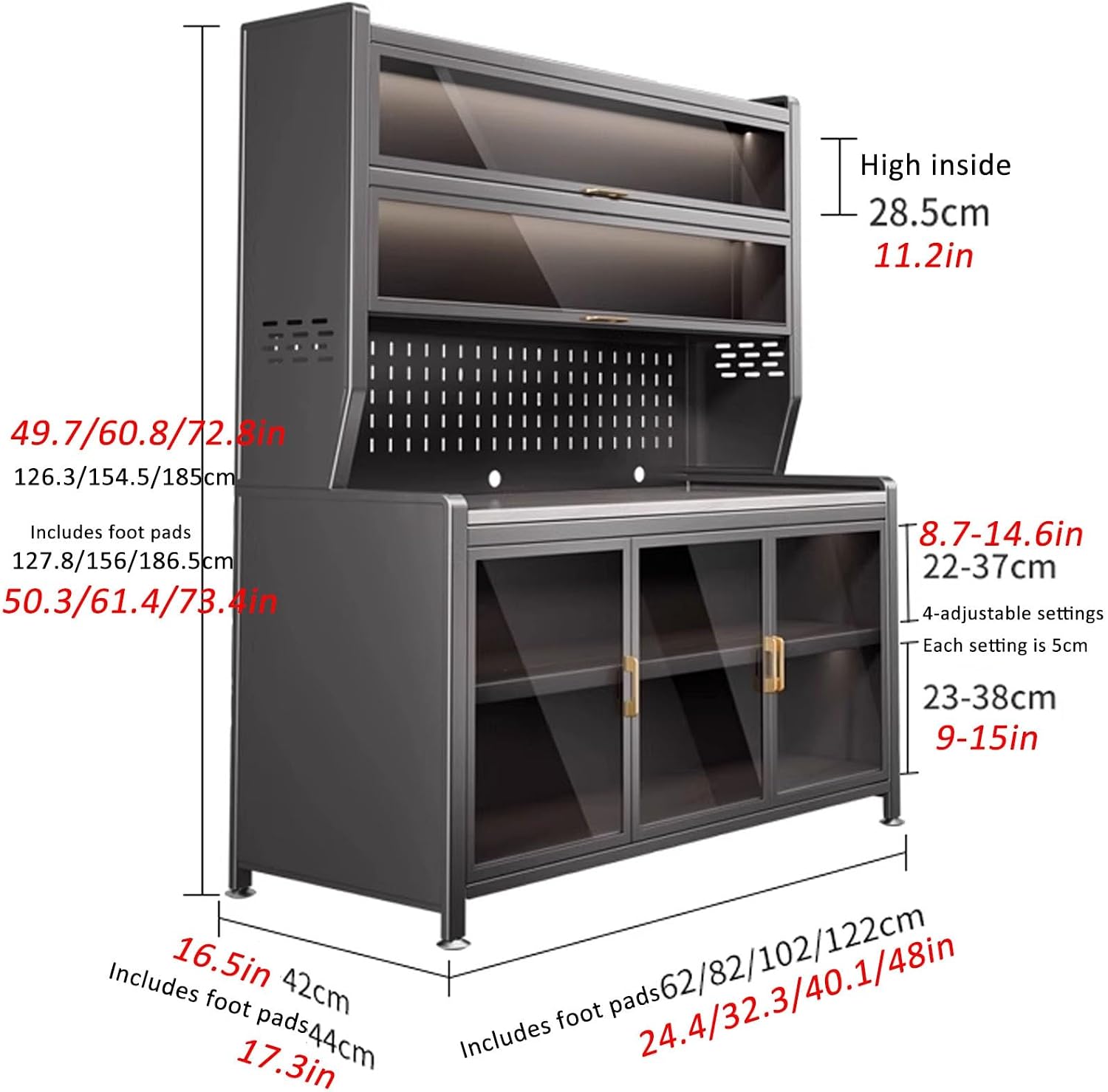 JKGHK Metal Kitchen Pantry Storage Cabinet, Microwave Stand for Kitchens with Pegboard and Adjustable Shelves, Kitchen Bakers Rack for Dining Room, Living Room(White,40x50in)
