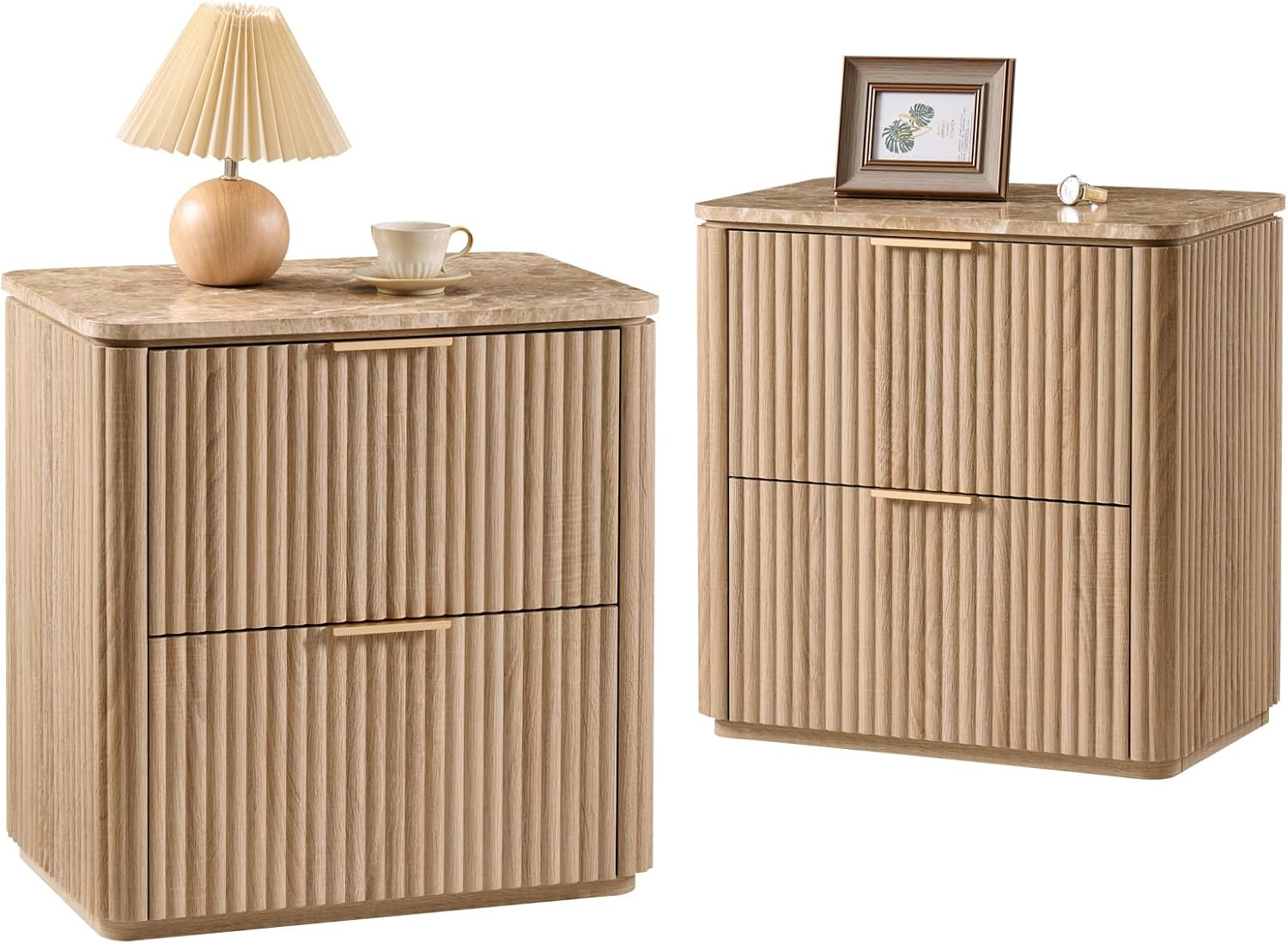 Fluted Nightstands Set 2 with Faux Marble Top, Modern Bedside Table | FSC-Certified Engineered Wood, 24" H, 2 Drawers, Rounded Corner, Metal Handle, for Bedroom, Natural Oak