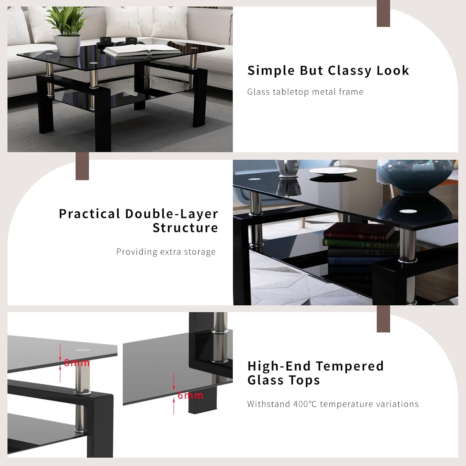 Black Glass Coffee Table Set of 3 Piece, Living Room Tables Set of 3 Pcs, Including 1 Coffee Table and 2 End Side Tables, Metal Frame, Tempered Glass, for Small Space and Home office, Apartment