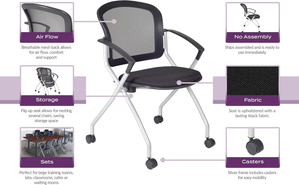 Regency Cadence Flexible High-Back Nesting Chair with Padded Fabric Seat – Breathable Mesh, Flip-Up Seat & Casters for Training Rooms, Classrooms & Offices (4-Pack, Black)