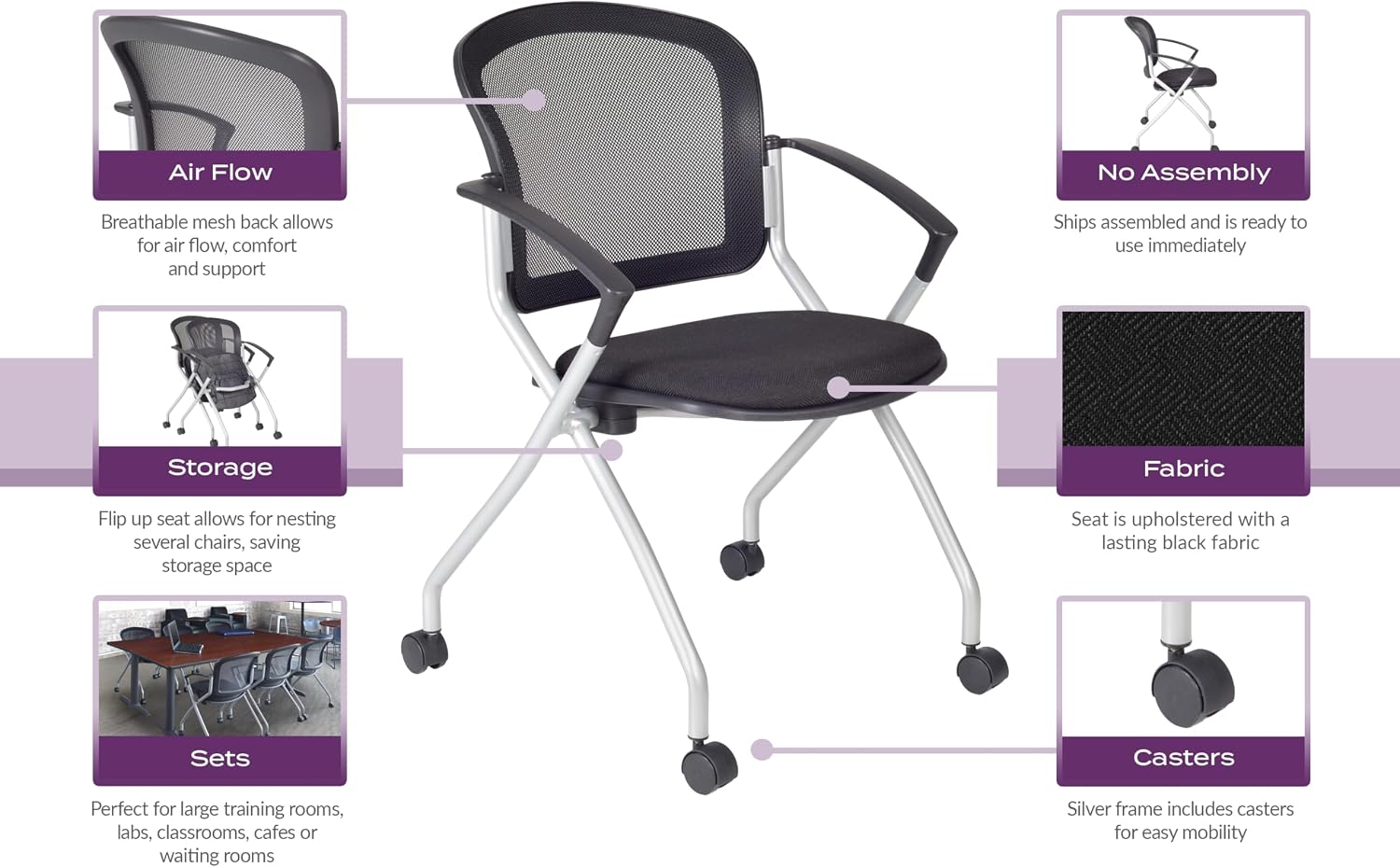 Regency Cadence Flexible High-Back Nesting Chair with Padded Fabric Seat – Breathable Mesh, Flip-Up Seat & Casters for Training Rooms, Classrooms & Offices (4-Pack, Black)