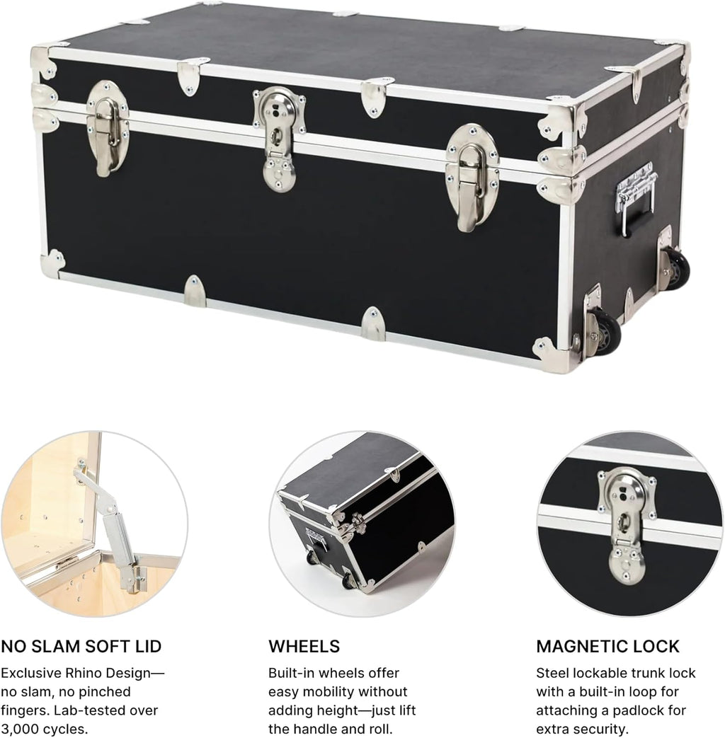Rhino Trunk & Case Large Essential Trunk With Wheels 32”x18”x14”, 1000+ lbs Capacity - Many Colors. Strong, USA Made Summer Camp Footlocker, and Secure College Dorm Storage Chest
