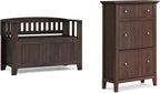 SIMPLIHOME Acadian Solid Wood 36 inch Wide Small Storage Bench and 31.5 inch Wide Shoe Storage Cabinet in Brunette Brown for the Living Room, Entryway, and Family Room, Transitional Style