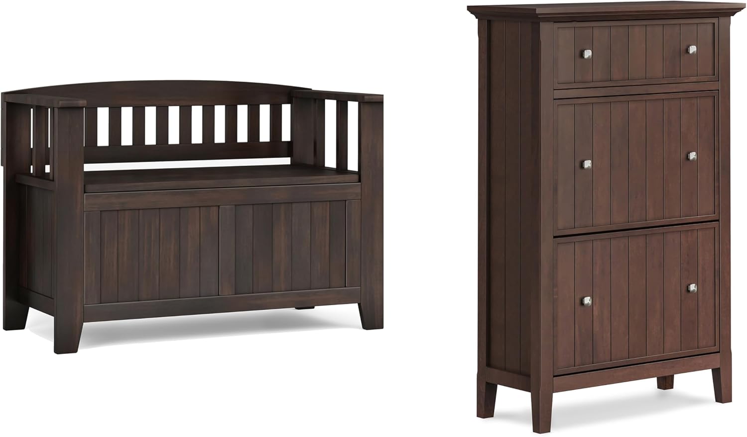 SIMPLIHOME Acadian Solid Wood 36 inch Wide Small Storage Bench and 31.5 inch Wide Shoe Storage Cabinet in Brunette Brown for the Living Room, Entryway, and Family Room, Transitional Style